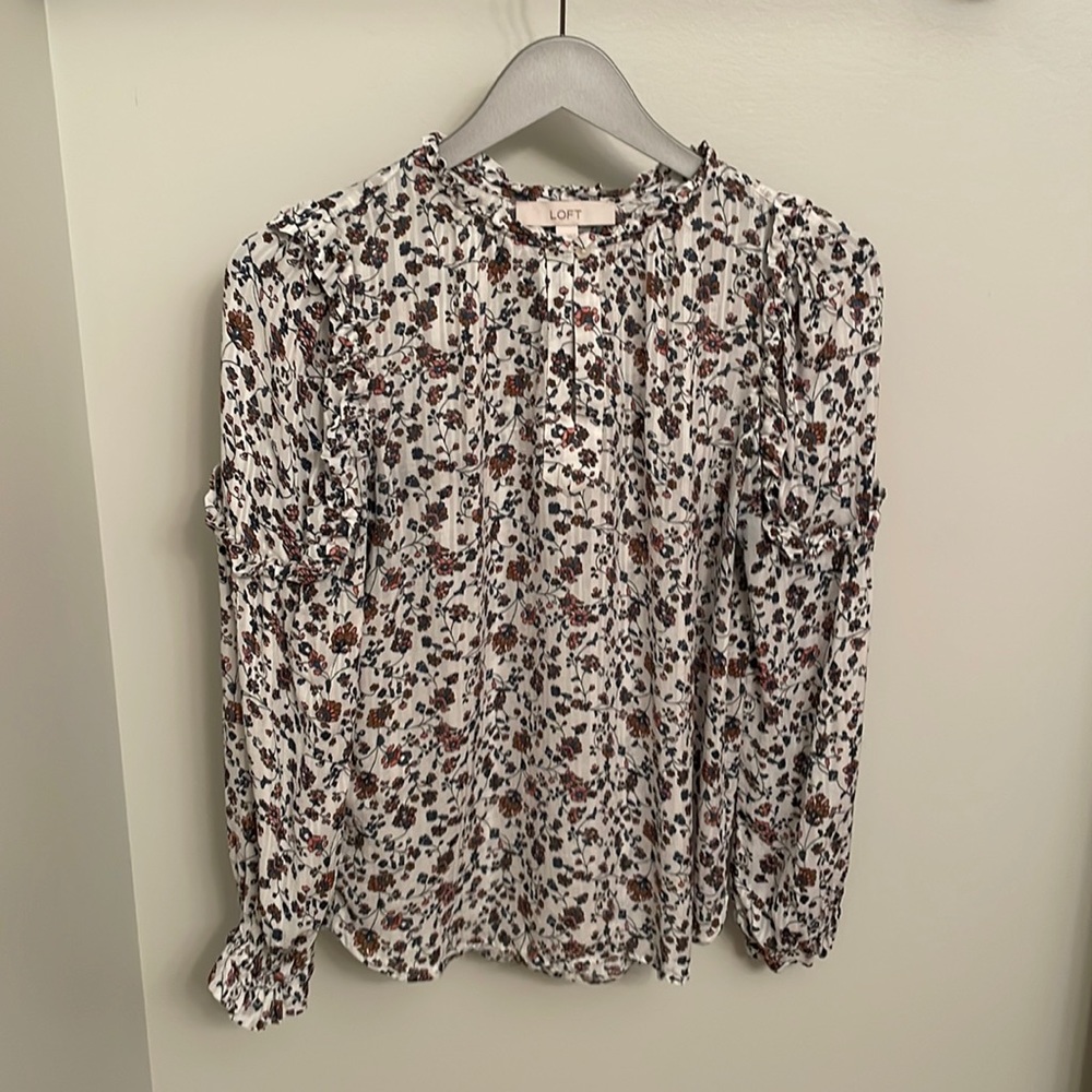 Cream and floral Loft  ruffle long sleeve
